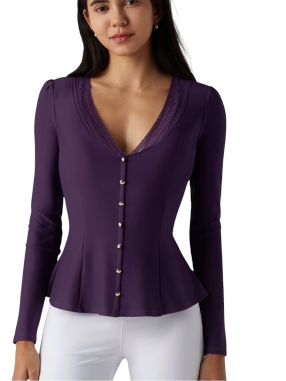 Halara BlackBerry Purple V Neck Lace Fitted Top size small NWT